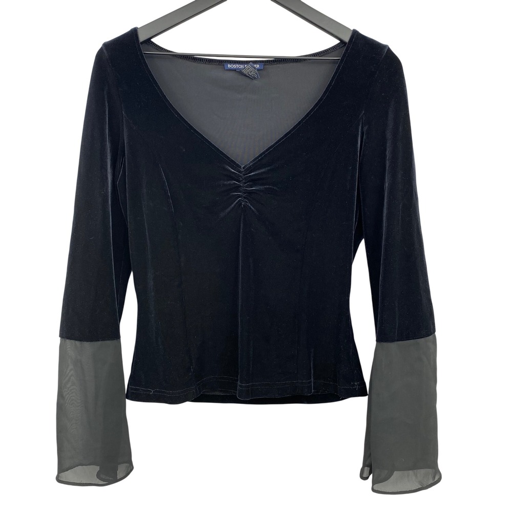 Boston Proper Black Velvet Top Sheer Mesh‎ Bell Sleeve Small Whimsigoth Babydoll
